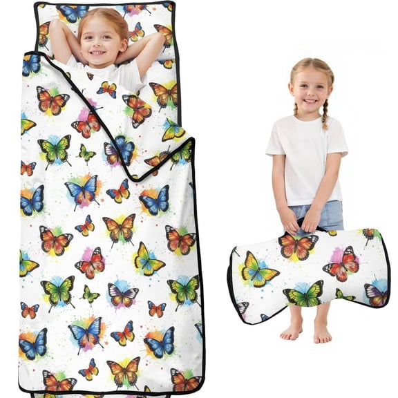 Colorful Butterfly Pattern Teens Toddler Nap Mat with Pillow, Sleeping Mat Bag for Preschool Daycare 59"x22"