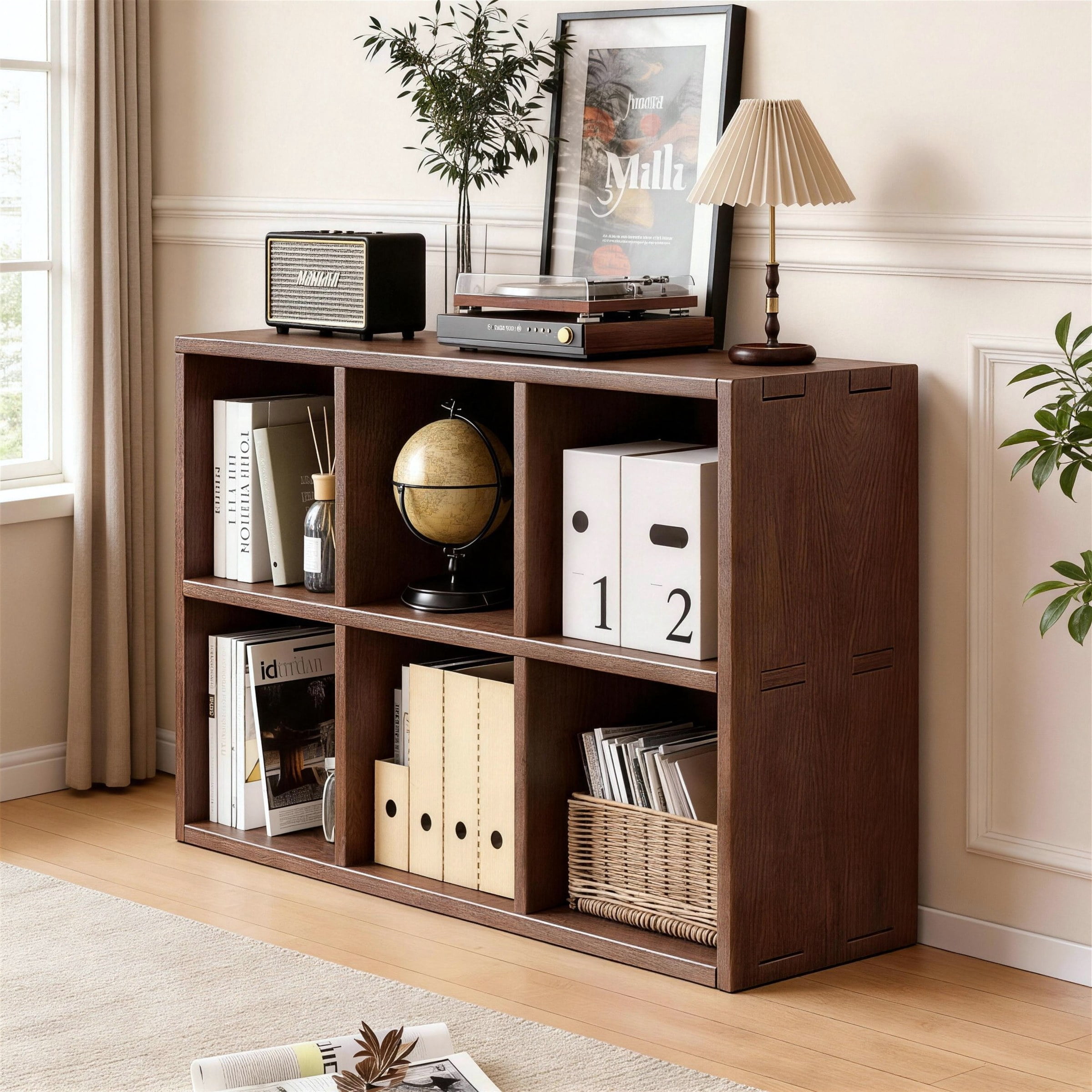 Solid Wood Bookshelf with 6 Storage Compartments, Walnut