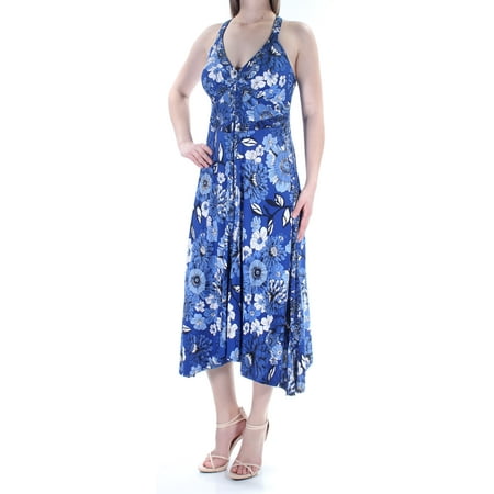 - INC Womens Blue Floral Sleeveless V Neck Tea Length Trapeze Dress Size: M