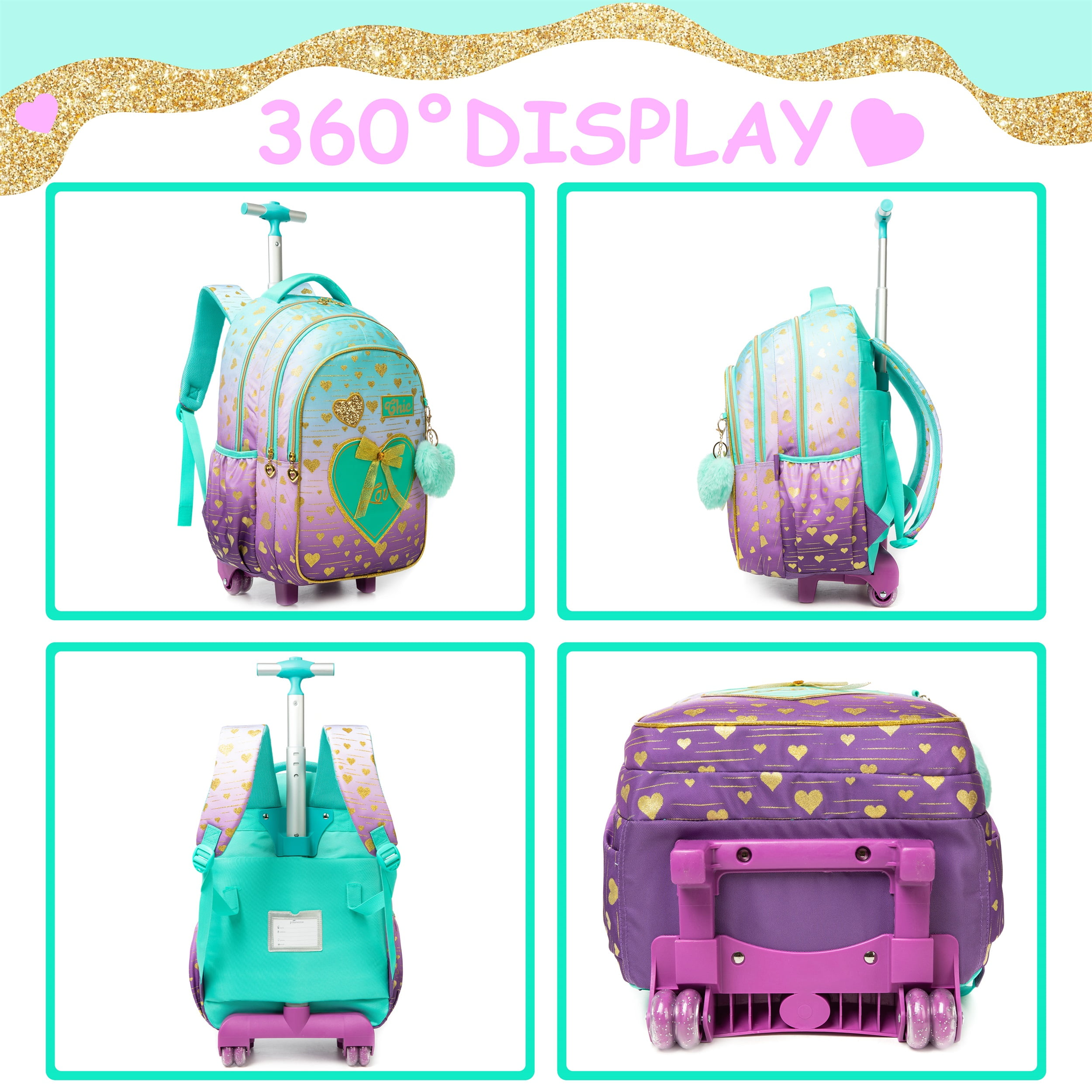 Kids Rolling Backpacks for Girls with Wheels Roller Bookbag with Lunch Box Pencil Case for Elementary Student Age 8-10 Green