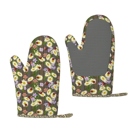 

Matuu Ladybugs And Flowers On A Wooden for Silicone Oven Gloves Heat Resistant Grilling Gloves Non-Slip Silicone Oven Mitt Great for Grilling Kitchen and Cooking