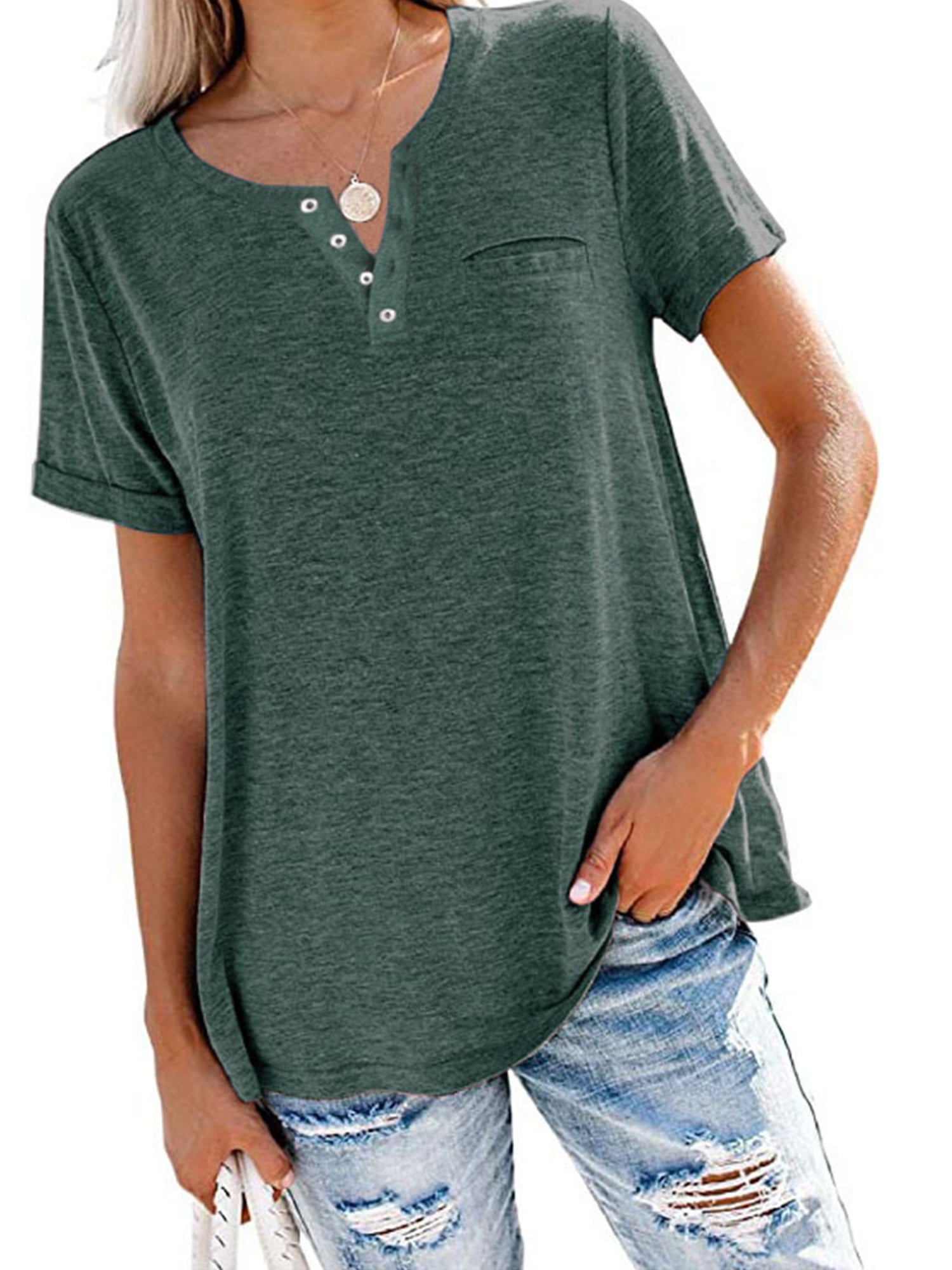 Innerwin T-Shirt Col en V pour Femmes Hauts de Plage Couleur Unie Tee Ample Vert L