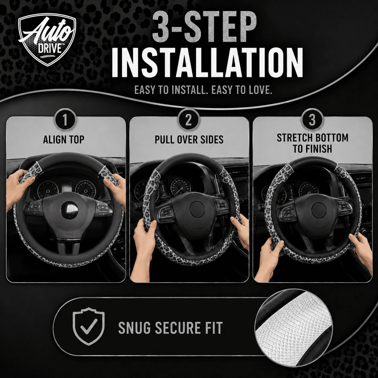 Auto Drive Steering Wheel Cover, Pink Leopard Print with Rhinestone Accents Steering Wheel Cover, Fashion Steering Wheel Cover,Non-Slip Grip, Universal Fit for Cars, SUVs & Truck,Gray