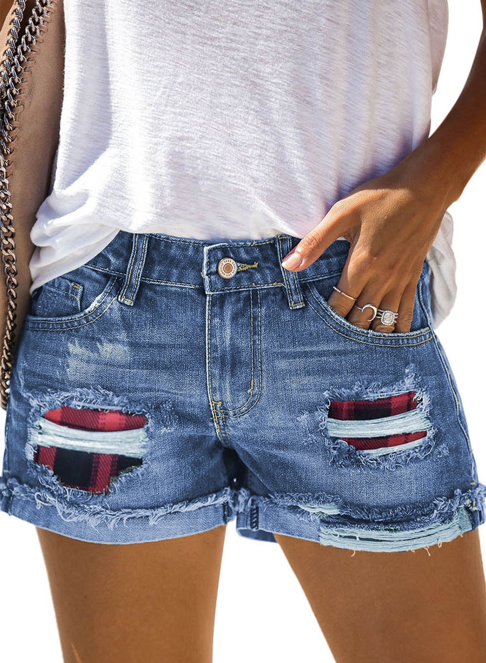 SmallYin Women's Denim Shorts Summer Stretchy Jean Mid Waist Hot Shorts Distressed Ripped Short Jeans with Pockets