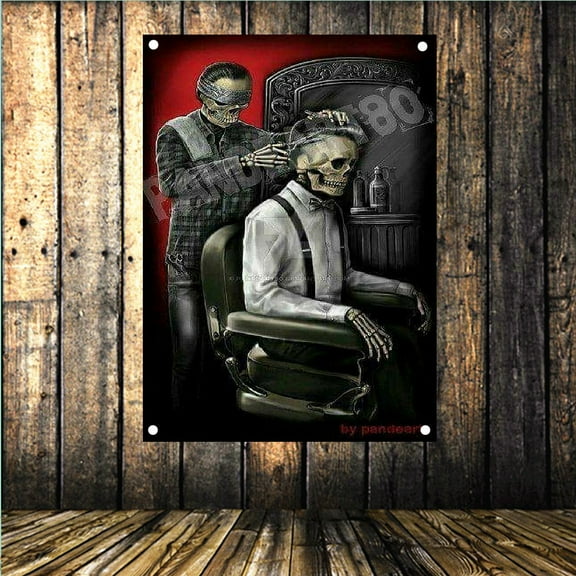 Haircut and Shave Service Signboard Vintage Skull Haircut Barber Shop Wall Decor Banner Flag Hairdressing tools Poster Wall Charts 38" x 57"