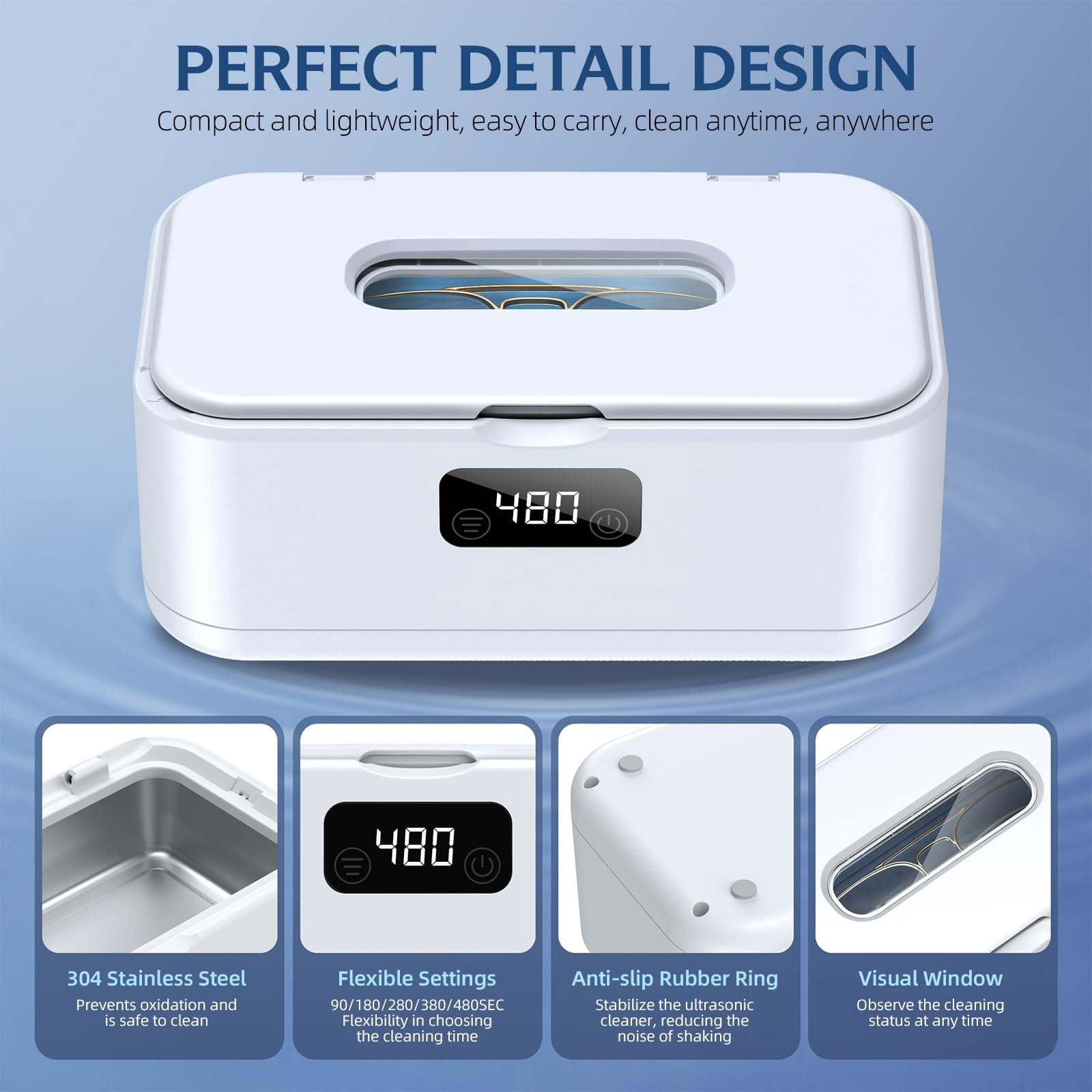 Ultrasonic Jewelry Cleaner, 50Khz Jewelry Cleaner Ultrasonic Machine for Jewelry, Eyeglasses, Rings, Watch Strap, Dentures, 24oz - 304 Stainless Steel Tank, Digital Timer, 5 Cleaning Modes(White)