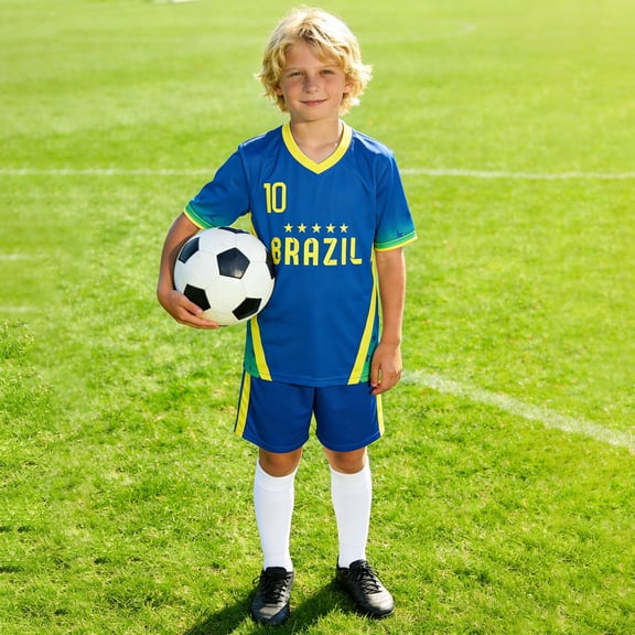 Kids Brazil Soccer Jersey Set Number 10 Short Sleeve T Shirt And Shorts Comfortable Sports Uniform For Boys And Girls Football Game,Blue,130