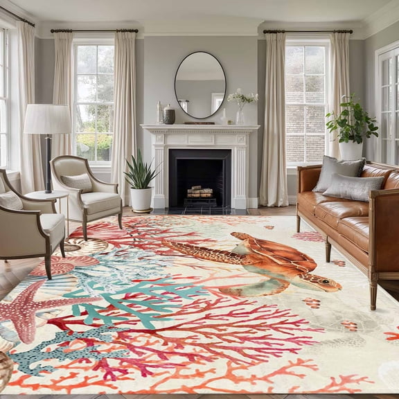 Large Area Rugs for Living Room Bedroom, Brown Turtle Coastal 8'x10' Rug Washable Carpet Runner Indoor Outdoor, Summer Beach Nautical Coral Shells Starfish Non Slip Floor Mats Rug for Kitchen, Patio