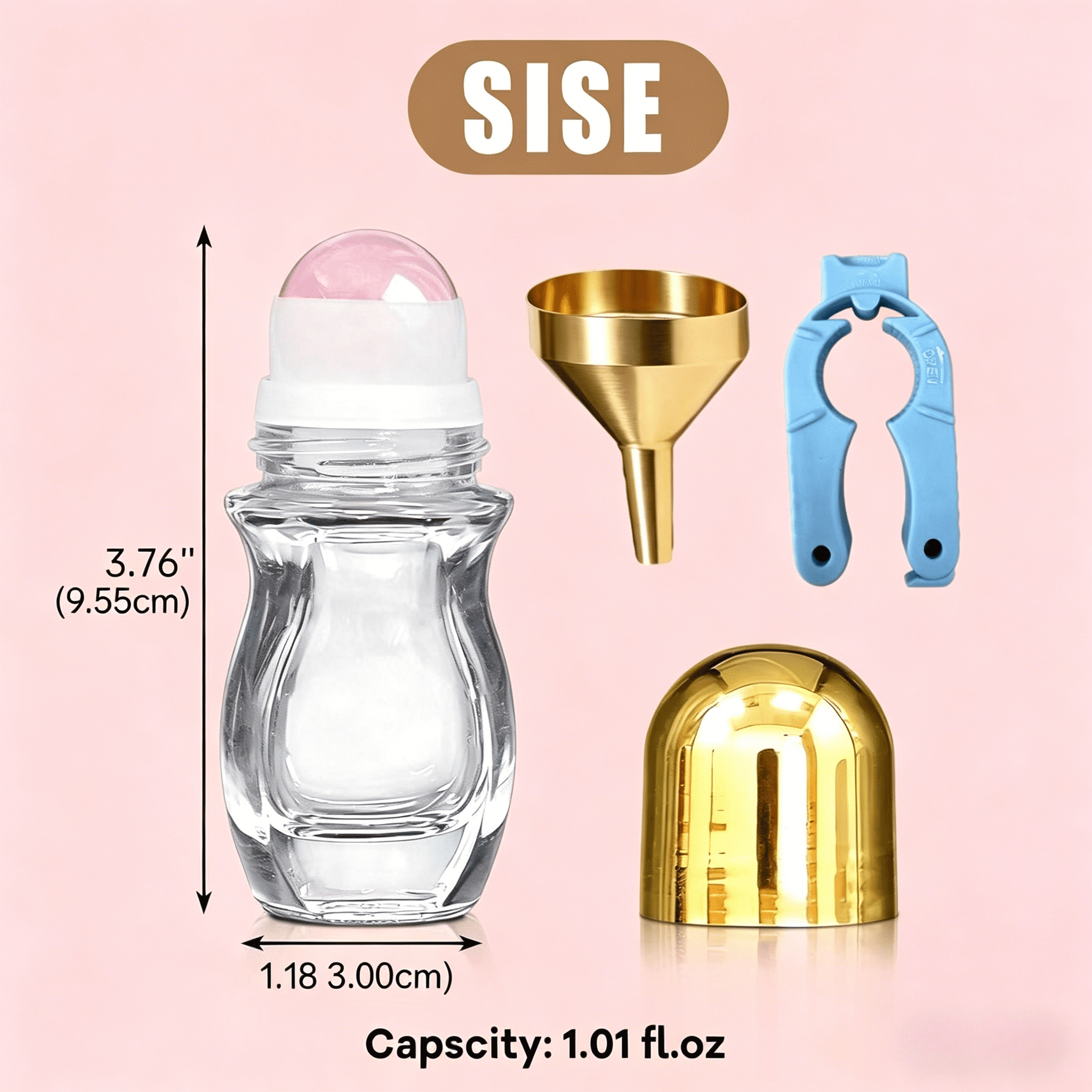 Roller Ball Bottle 30ml Hourglass Shape 5 Pack, Essential Oil Roller Set with Golden Funnel & Bottle Opener, Bulk Refillable Travel Bottles