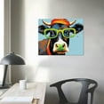 thumbnail image 3 of COMIO Cow Print Bathroom Farmhouse Decor: Colorful Curious Cow with Large Green Glasses Canvas Wall Art Farm Animal Painting Kids Room Decor Framed for Bedroom Ready to Hang 16"x12", 3 of 4