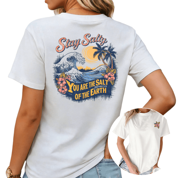 Retro Beach Wave Palm Tree Stay Salty Graphic Tees Womans T-shirt Shirts Black White S-5XL Tops