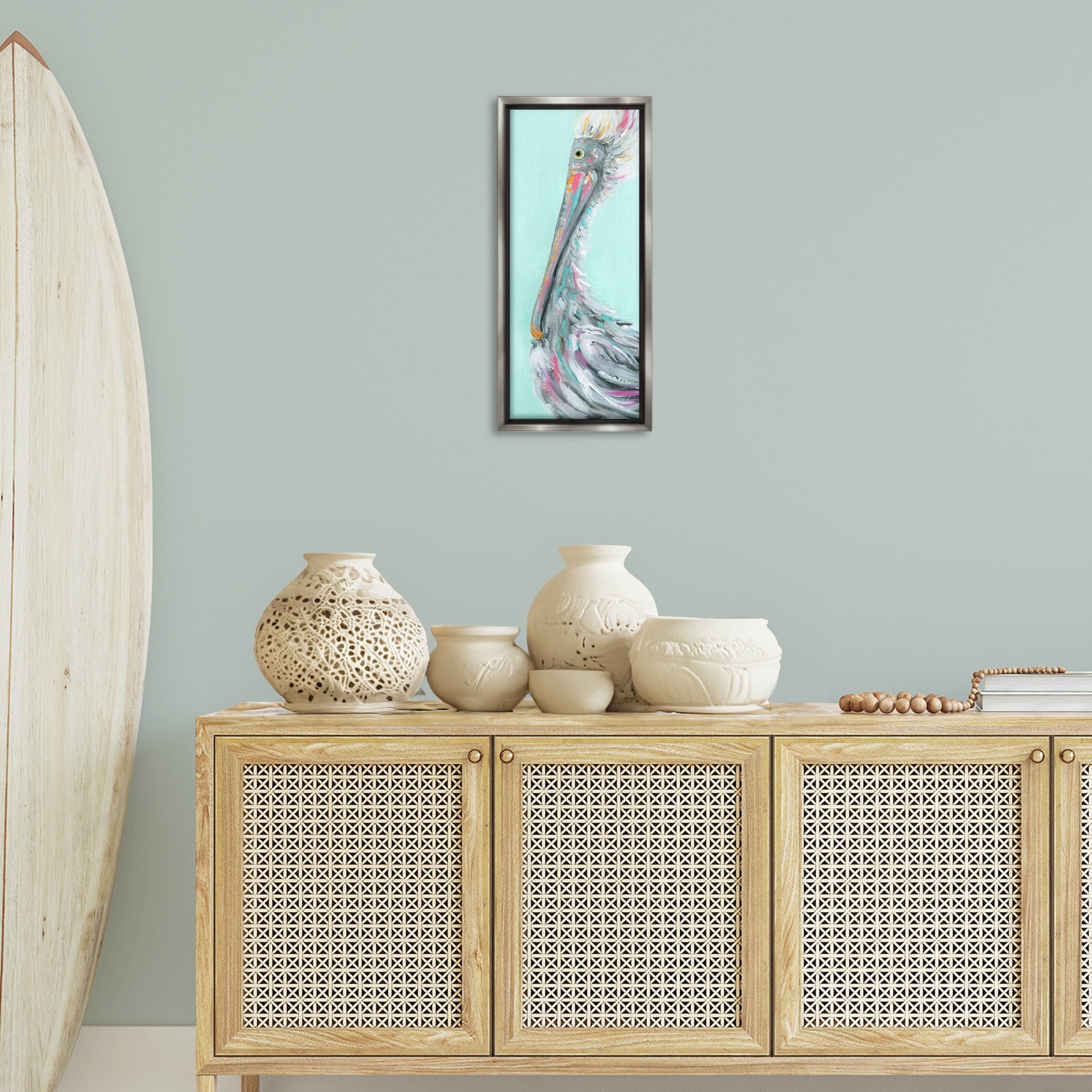 Stupell Industries Odd Pelican Portrait Animals & Insects Painting Gray Floater Framed Art Print Wall Art, 11 x 25
