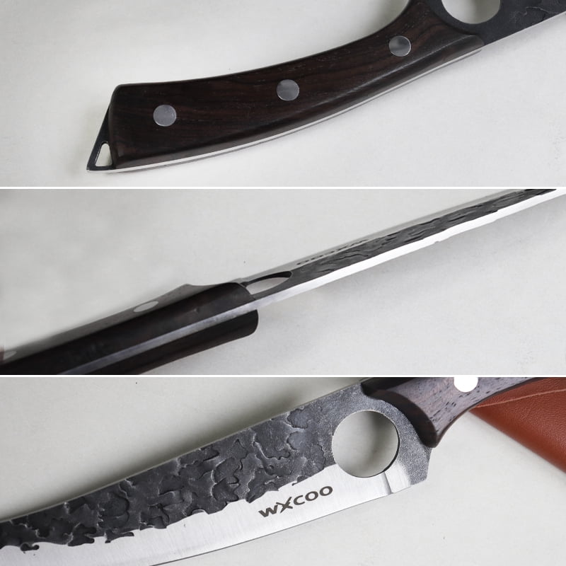 Hand Forged Boning Knife with Brown Wood Handle, High Carbon Steel Butcher Knife with Leather Sheath, Ultra Sharp Full Tang Meat Cleaver for Kitchen & Outdoor Use