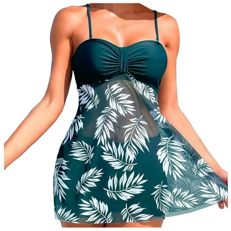 Fsqjgq Womens Swimsuits Push up Padded Ruffle Tankini Tops with Shorts Floral Print Sheer Mesh Two Piece Bikini Sets Beachwear XL