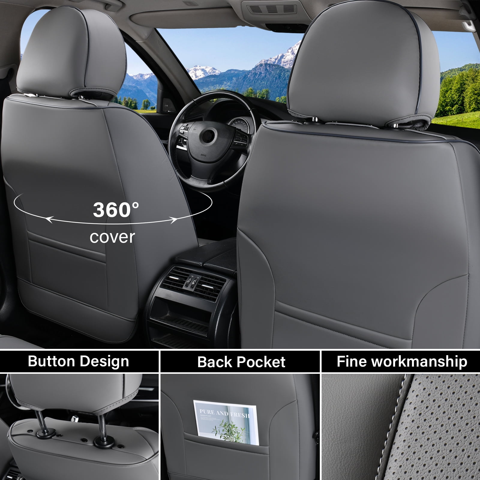 Coverado Gray Front Car Seat Covers, Stylish Waterproof Premium Leather Automotive Seat Protectors, Airbag Compatible Auto Interior Accessories Universal Fit for Most Cars SUV Pick-up Trucks
