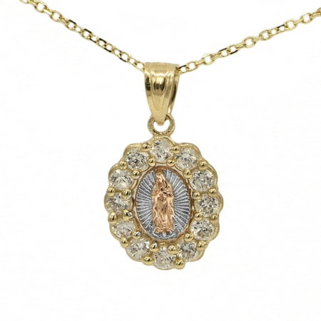 - 10k Tri Color Shaped Cubic Zirconia Virgin de Guadalupe Religious Pendant Necklace with 20