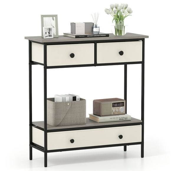 Gymax Console Table w/ 3 Fabric Drawers 32'' Narrow Entryway Table w/Open Storage Shelf