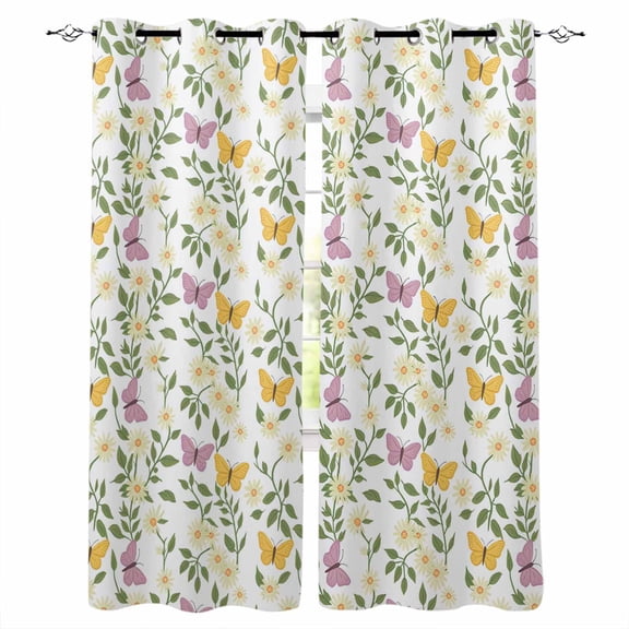 Easter Blackout Curtains for Bedroom, Spring Floral Daisy Flowers Butterflies Watercolor Thermal Insulated Kitchen Drapes with Grommets, Light Blocking Window Treatment, 2 Panels 27.5" x 39"