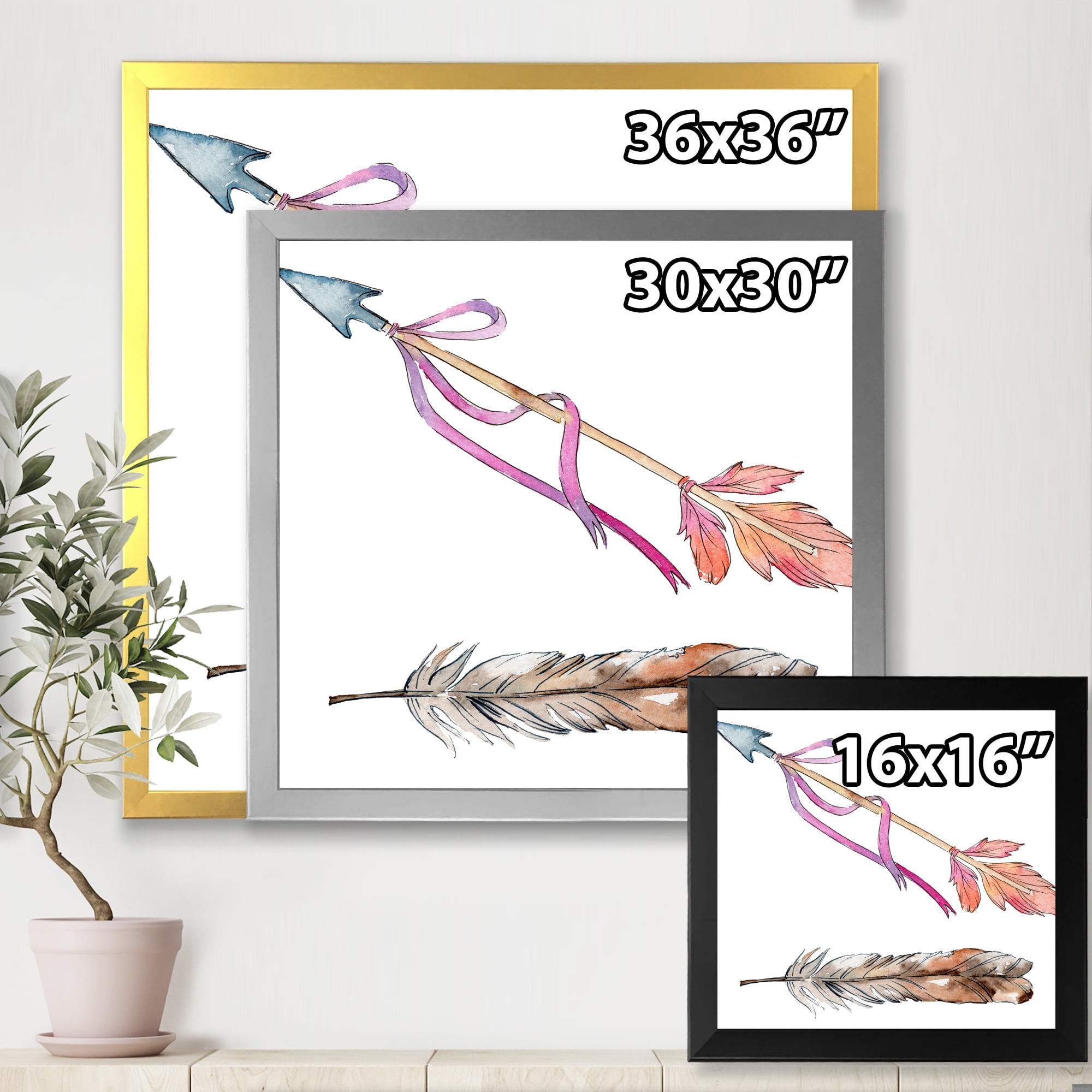 Designart 'Pink Bird Feather From Wing on Arrow' Bohemian & Eclectic Framed Art Print