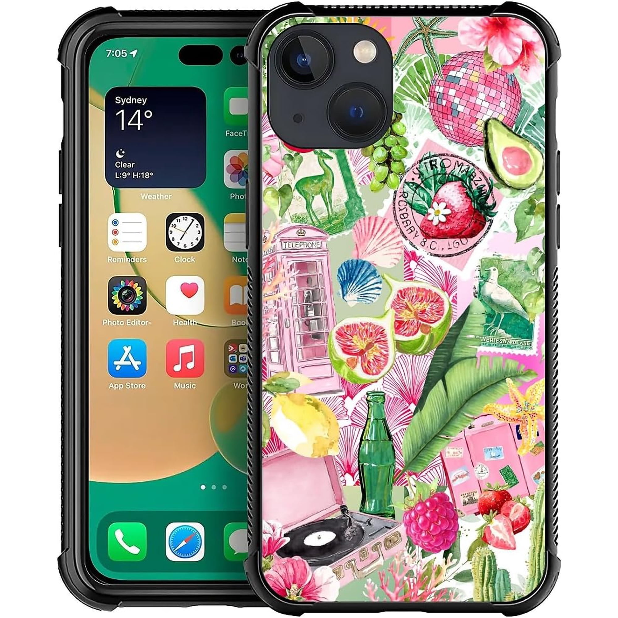 for iPhone 14 Case Shockproof Protective Slim Pattern Cover Fruit Music Seashells Collage