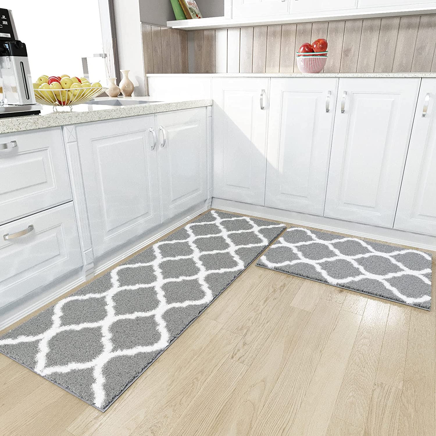 Modern Grey Trellis Non Slip Kitchen Mats Washable Geometric Utility Room Rugs 