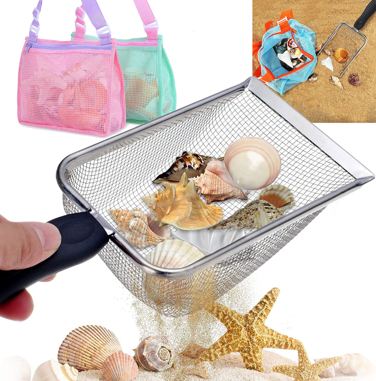 Metal Beach Mesh Shovel with Orange Mesh Beach Bag for Shell Collecting