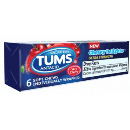 Tums Chewy Delights Ultra Strength Soft Chews, Very Cherry Flavor, 6 Count Each Pack (Pack of 12)