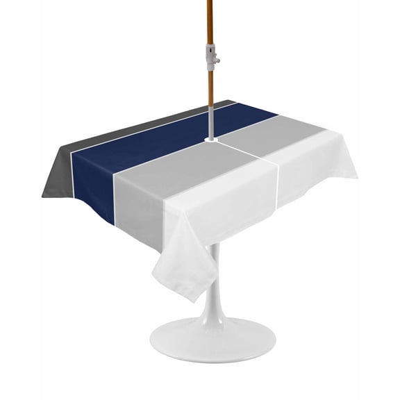 Outdoor Table Cloth with Umbrella Hole and Zipper, Navy Blue Grey Striped Waterproof Rectangle Tablecloth 54"x80", Farmhouse Modern Washable Table Cover for Outside Party Patio Picnic