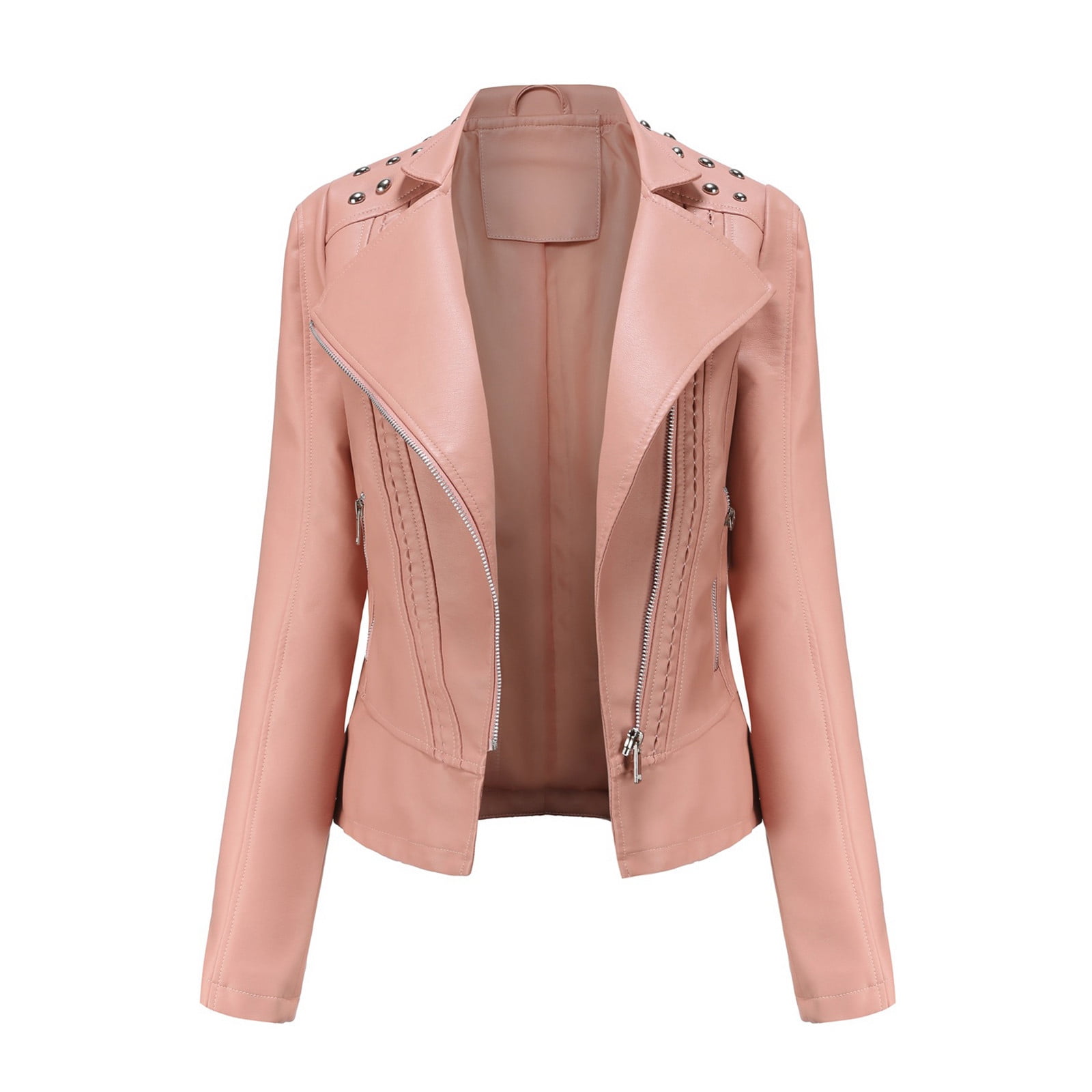 QATAINLAV Women's Casual Light Studded Shoulder Moto Biker Jackets Solid Casual Oblique Zip Faux Leather Motorcycle Coat Pink M
