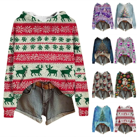 Women's Knit Sweater Pullover Hooded Sweatshirt with Christmas Print, Cute and Comfortable, Perfect for Fall and Winter Casual Wear and Holiday Festivities,Dark Green,L