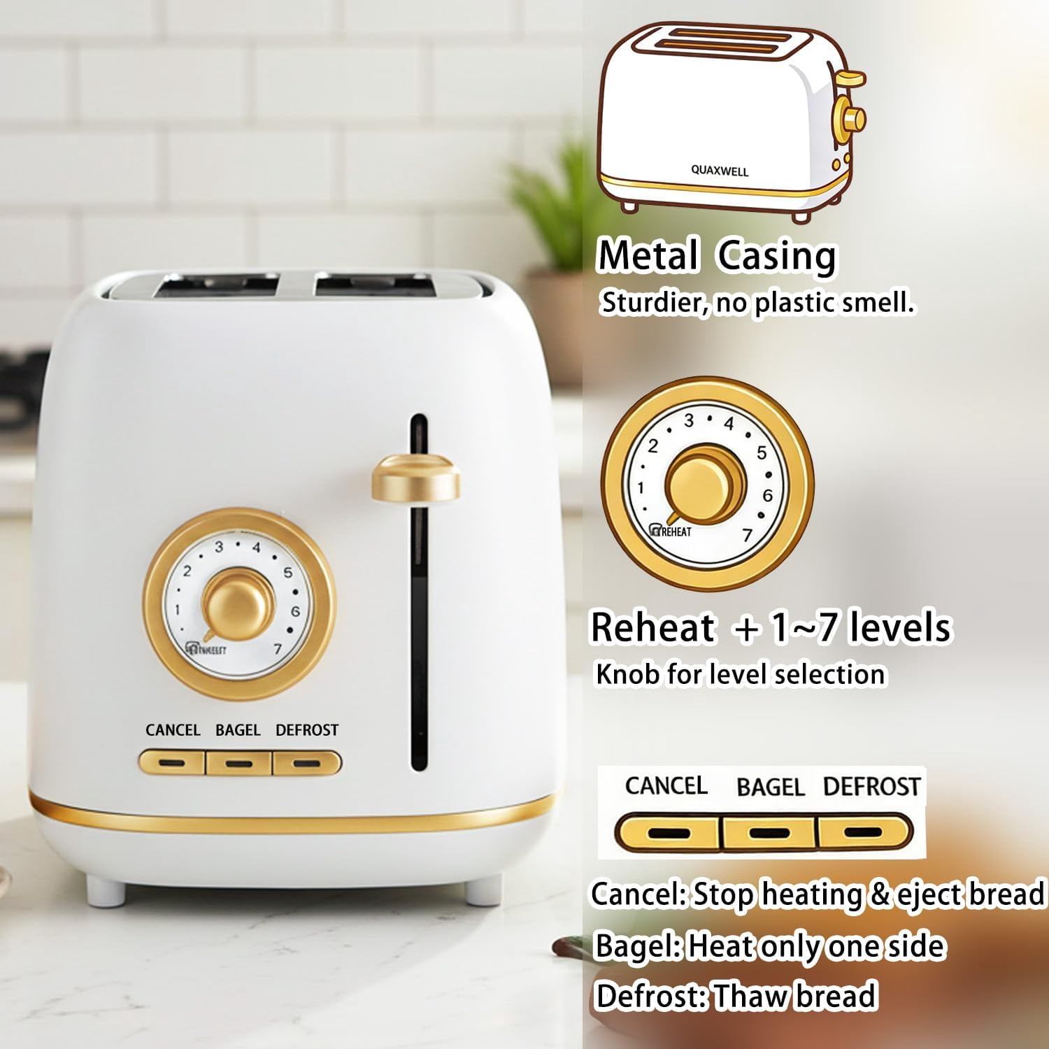 2-Slice Toaster Wide Slots 7 Bread Shade Settings Stainless Steel Bagel Cancel and Defrost Functions Removable Crumb Tray Retro Style Toaster Matte White Gold