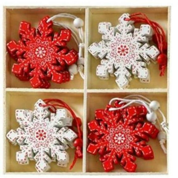 12Pcs Wooden Christmas Ornament Classic Red White Christmas Tree Hanging Pendant