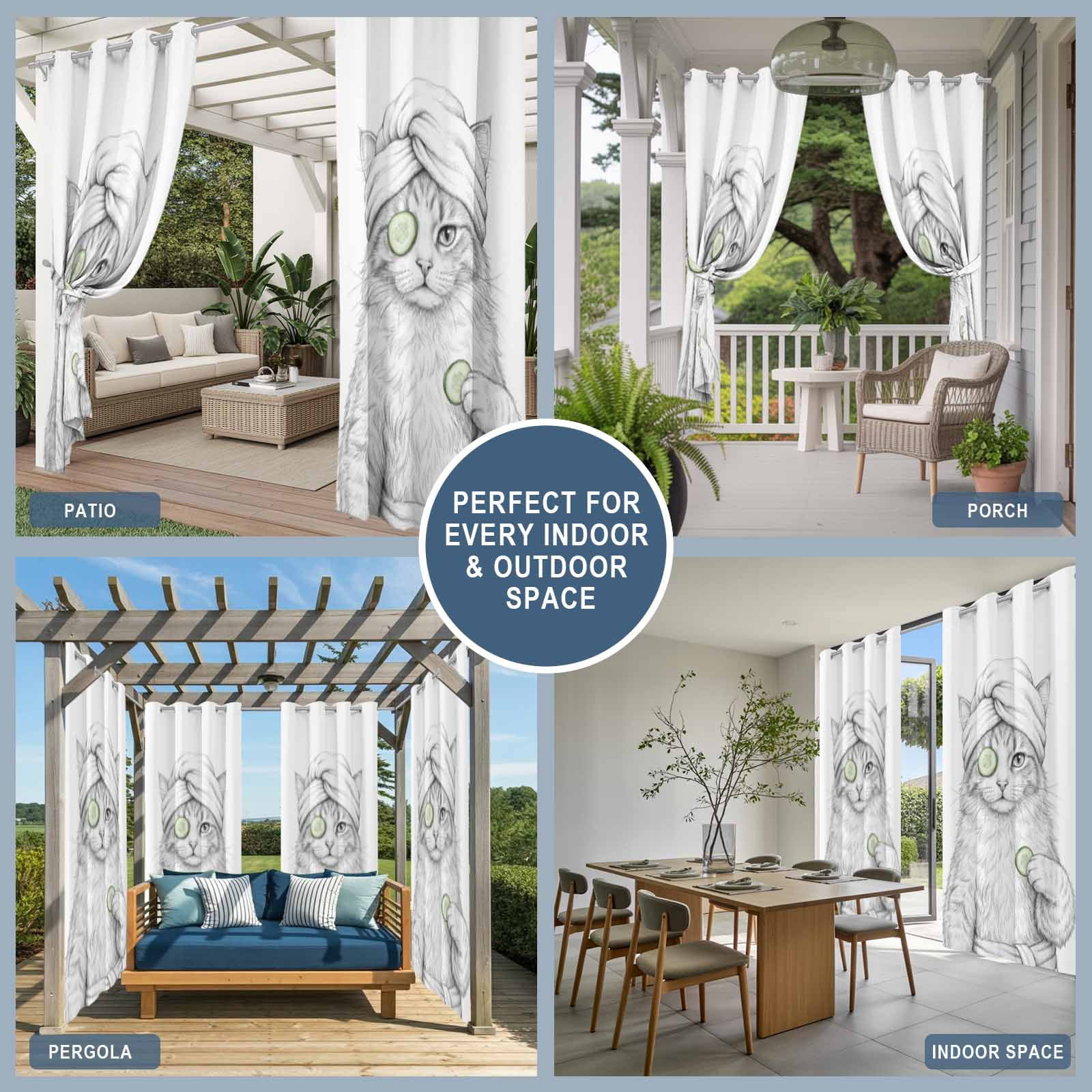 Grey Animals Outdoor Curtains for Patio, Funny Cat with Bath Wrap Cucumber Slice Gray Modern Sunshade Privacy Drapes Grommet Waterproof Outside Curtains for Porch/Cabana/Balcony 54"x 108", 1 Panel