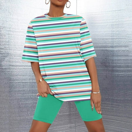 Riecok Sleep Sets for Women Plus Size Round Neck Comfywear Pockets Loose Striped Sleep Set Pajamas Sexy Casual PJ Set Cozy Sleepwear for Women Trendy Clothes Sleep Set 2 Piece Green 3XL
