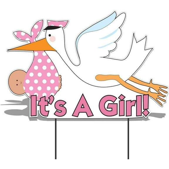 VictoryStore Yard Sign Outdoor Lawn Decorations - It's a Girl” Die Cut Stork, Baby Announcement Yard Sign (Medium Skin Toned Baby)