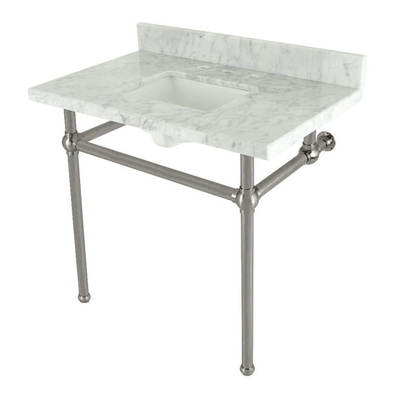 Kingston Brass KVBH3622M8SQ8 Templeton 36-Inch Carrara Marble Console Sink with Brass Legs (8-Inch, 3-Hole) in Carrara Marble White/Brushed Nickel