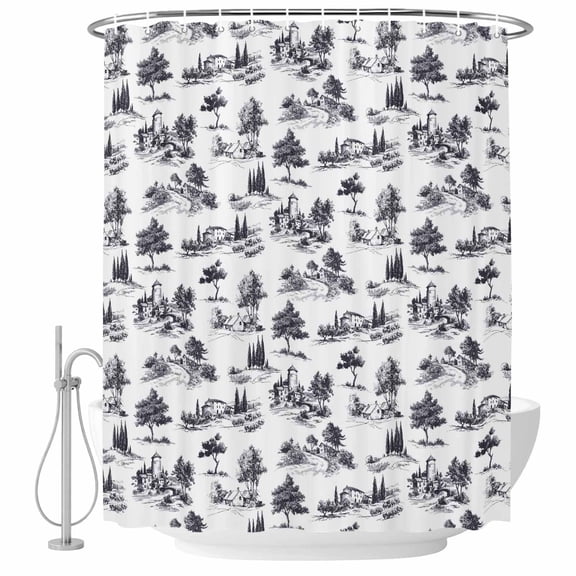 Extra Long Shower Curtain 72x84 Inch, Farmhouse Castle Shower Curtain Waterproof Bathroom Decor, Country Black Tree Vintage Plants Garden Fabric Bath Curtain Set Accessories with Hooks