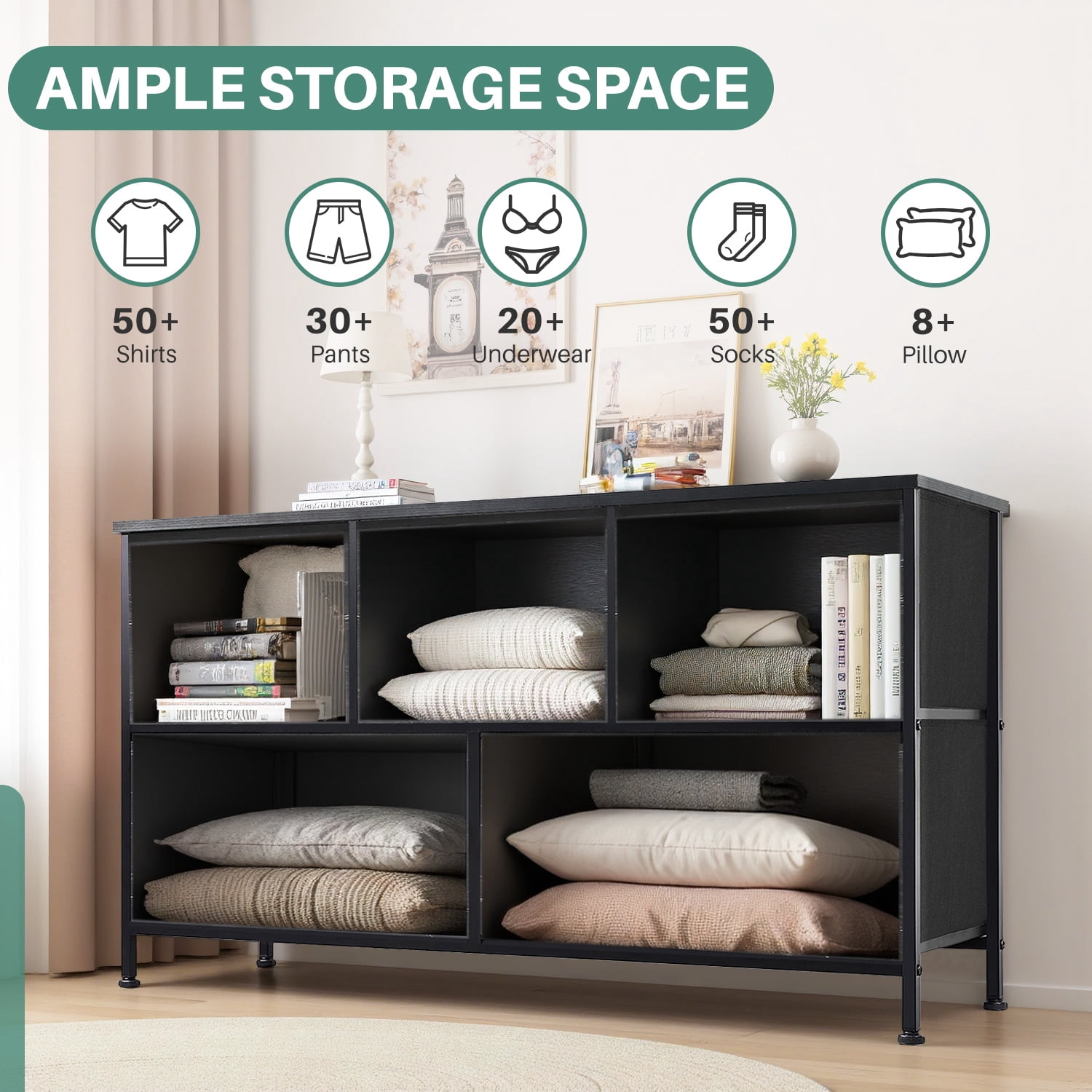 Beddle Dresser with 5 Fabric Drawers for Bedroom, Wide Storage Chest with Drawer Organizer for Closet or Living Room, Black