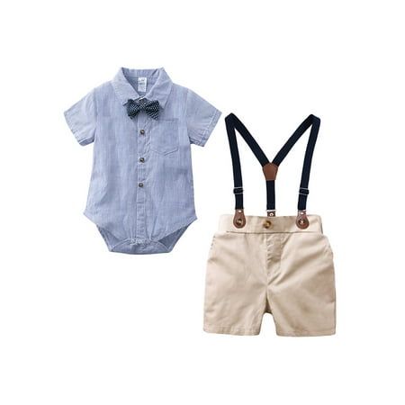 

Suanret Kids Toddler Boys Clothes Sets Lapel Short Sleeve Single Breasted Romper with Bow Tie + Suspender Shorts Blue Khaki 12-24 Months