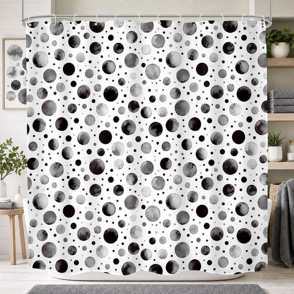 Black And White Polka Dot Shower Curtain Watercolor Circles Fabric Bathroom Decor with Hooks 71x71 inches