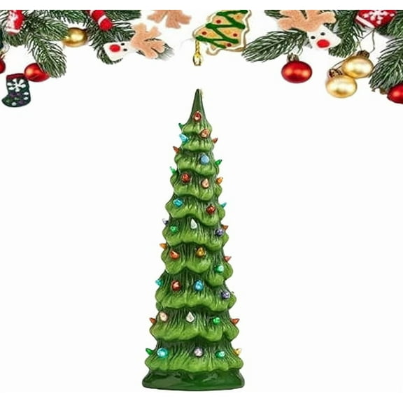 Retro Hand-Painted Tabletop Christmas Trees with Timer, Ceramic Christmas Trees That Light Up, LED Tabletop Christmas Decorations for Home, Shelf, Mantel or Office(8 in,Multicolor)