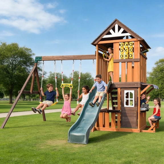 Large 8 IN 1 Wooden Swing Slide Set Playhouse with Belt Swings,Wave Slide,Rock Wall,Play Kitchen,Tic-Tac-Toe,Toy Telescope,Steering Wheel,Backyard Garden Outdoor Fun Playground