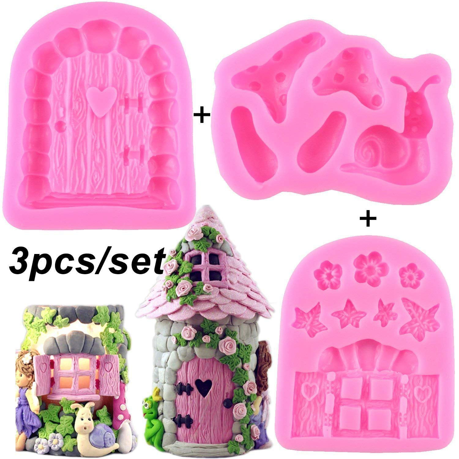 Gnome mold House Cartoon Door fondant mold Fairy wizard Silicone Cupcake Baking Molds forest party Fondant molds wood door window Cake Decorating Tools Gumpaste mushroom Chocolate Candy Clay Mould 