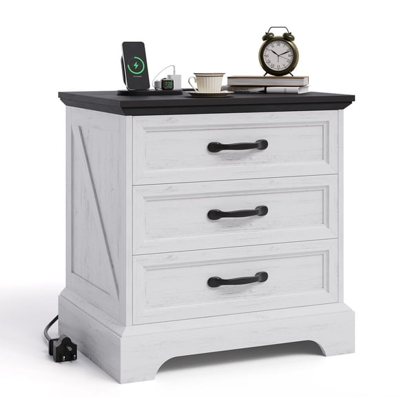 TROPOW Nightstand with Charging Station, 3 Drawers, USB Ports & Power Outlets, Modern Bedside End Table Accent Side Table for Bedroom or Living Room