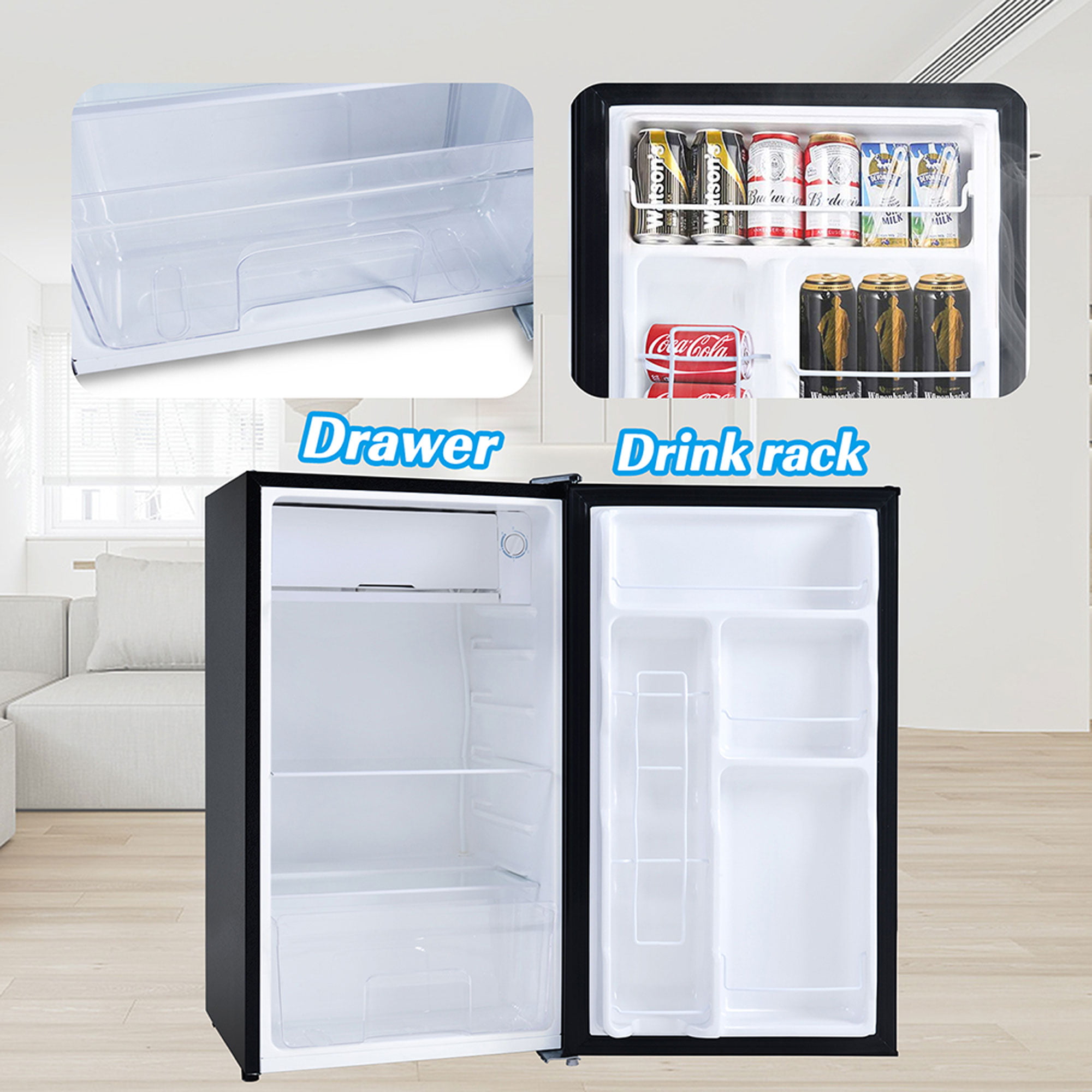 BANGSON Mini Fridge with Freezer, 3.2 CU.FT Small Refrigerator with  Freezer, Door Handle, Bottle Opener, For Bedroom, Dorm, Office, Home,  Garage or