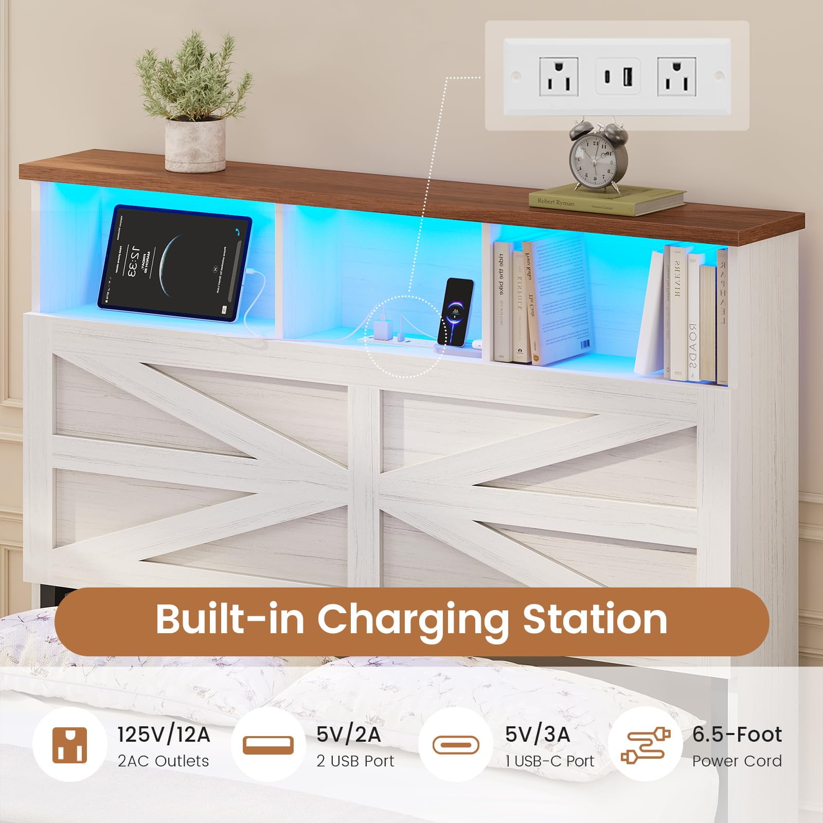 Twin Bed Frames with 5 Drawers, Farmhouse Bed Frame with Barn Door Headboard and Storage, Wood Platform Bed Frame Twin Size with Charging Station and LED Lights, No Box Spring Needed, White