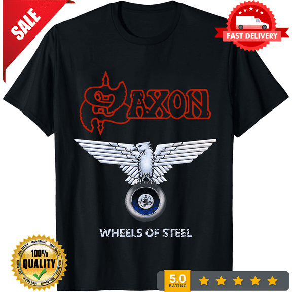 Saxon WHEELS OF STEEL Cotton Short Sleeve Black Unisex T-SHIRT All Size, LIMITED EDITION-TH70117