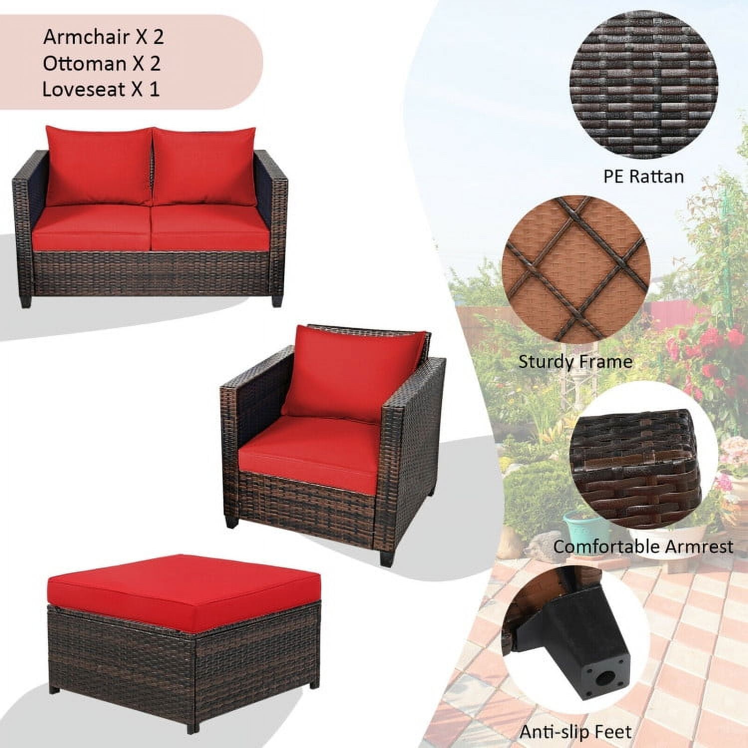 Aimee Lii 5 Pieces Patio Cushioned Rattan Furniture Set, Rattan Outdoor Furniture, Red