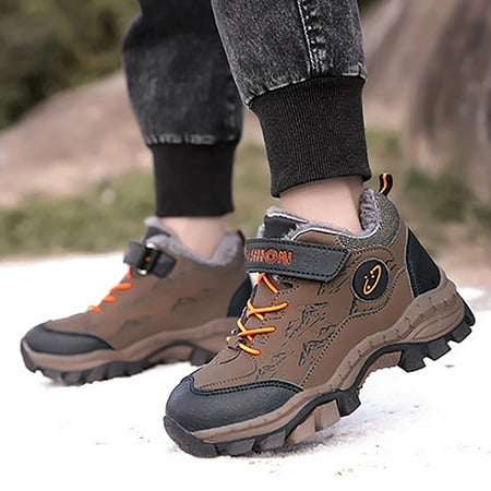 Xijirk Children Shoes Boys Leather Snow Boots Winter Cotton Plush and Thickened Non and Warm Big Kid Little Kid Hiking Shoes-Brown-1.5