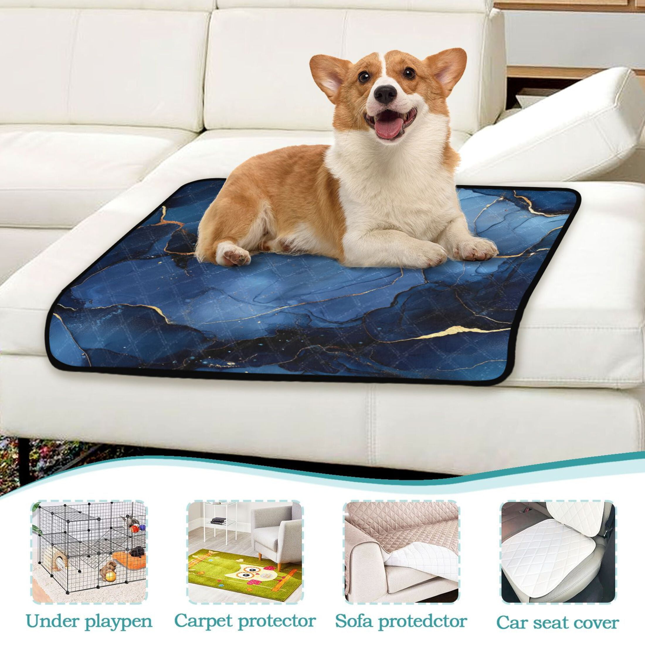 Qxltty Navy Blue Gilt Marble Cat litter Pads Pet Set of 2 Diaper Mats Center Anti-leakage Layer Absorbent Soft and Comfortable